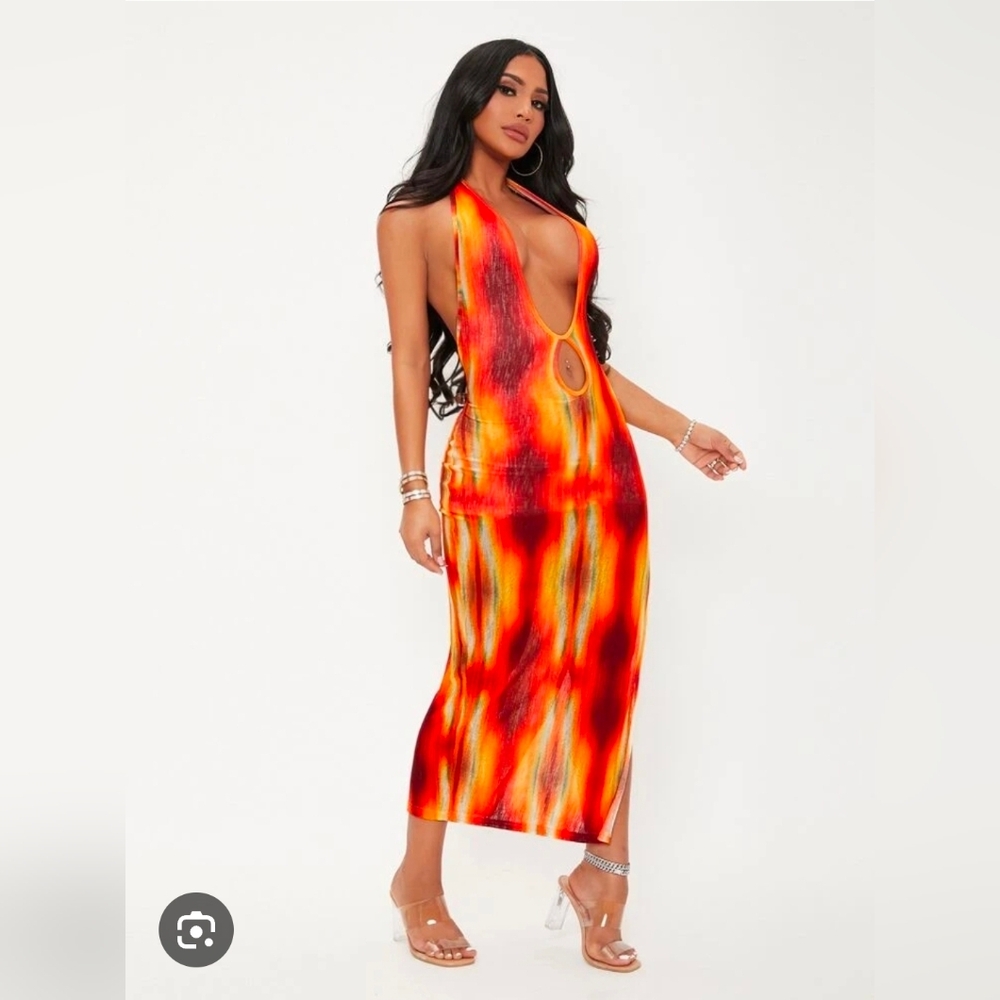 SHEIN XS Halter Cutout Maxi Dress Red Orange Split - Picture 2 of 7